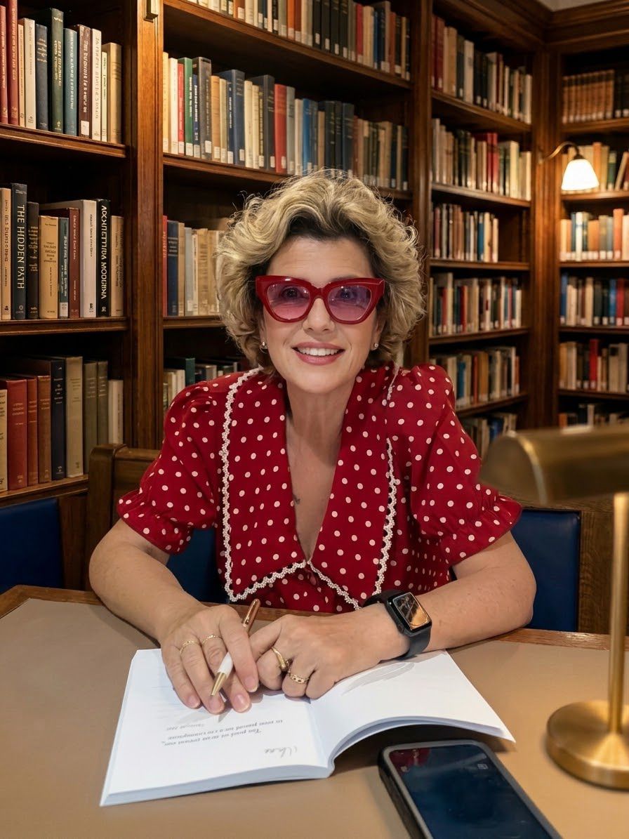 Maria Concetta Arezzi al tavolo di una biblioteca con un libro aperto